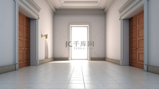 走廊里关着的门的 3D 插图