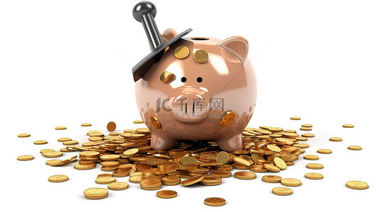 金融锤子背景图片_锤子旁边有一个破损的存钱罐，上面有散落的硬币，隔离在白色背景 3D 渲染中