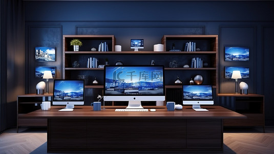 咖啡网站设计背景图片_时尚的海军蓝色工作区的 3D 渲染，配有响应式设备和令人印象深刻的网站设计