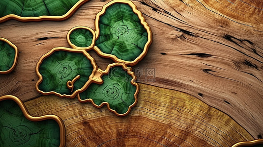 木制背景上绿色环氧树脂涂层老树的 3D 插图