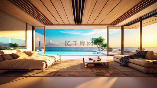 现代设计海滨豪华别墅，享有壮观的海景 3D 渲染