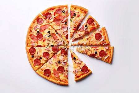 意大利薄饼背景图片_中间切出的披萨，上面有不同的配料，意大利辣香肠片
