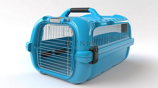 用于携带宠物旅行的蓝色塑料笼运输箱的白色背景 3D 渲染
