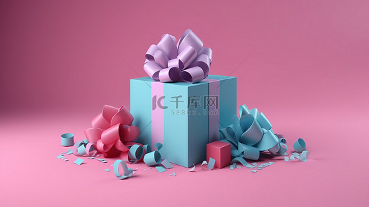 活动礼盒背景图片_带丝带的蓝色礼盒，3D 渲染，用于粉红色背景下的圣诞节和新年庆祝活动