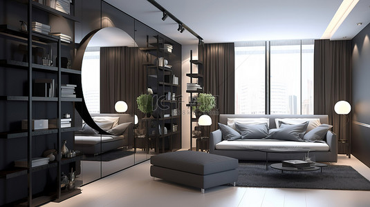 镜子背景图片_单色工作室公寓概念，配有媒体中心和 3D 渲染的宽敞镜子背景