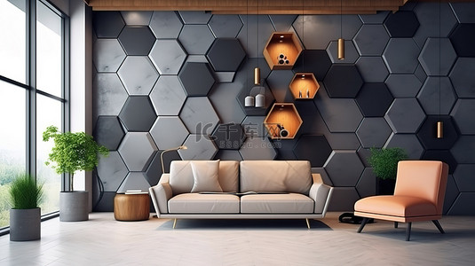 3D 渲染客厅内部的当代六边形灰色瓷砖墙