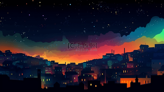 美丽星空背景图片_城镇夜晚美丽星空背景插画