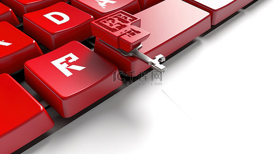 白色背景下白色 PC 键盘上红色广告键的 3D 渲染