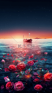 玫瑰花卉海洋小船浪漫梦幻卡通背景