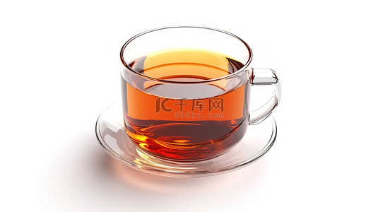 白色背景的渲染 3D 图像展示了一个装满红茶的独立玻璃杯