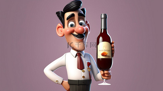 职业漫画背景图片_带有酒的漫画服务员的 3D 插图