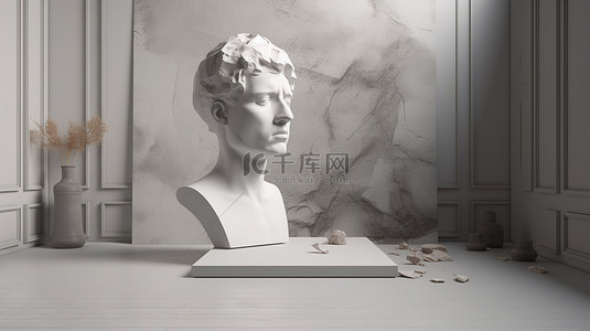 人物雕塑背景图片_在 3D 工作室场景中展示头部雕塑的讲台