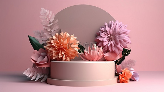 花卉装饰的抽象平台讲台在 3D 渲染中展示产品