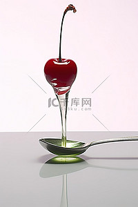 樱桃的水果背景图片_上面有一颗樱桃的勺子
