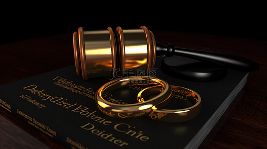 离婚律师以黑色背景 3D 插图中的两个用过的金戒指为象征