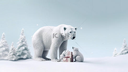 圣诞节气氛背景图片_北极熊和鹿为 3D 渲染的圣诞艺术品增添了节日气氛