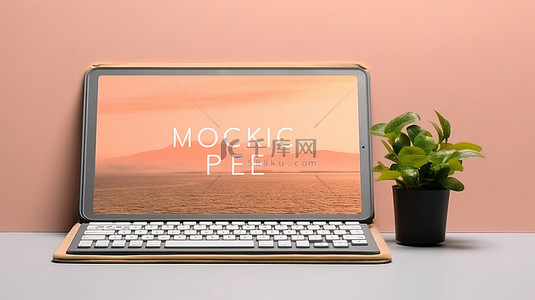 工作区背景图片_带有现代平板电脑模型和珊瑚键盘盒的白色桌子的 3D 渲染