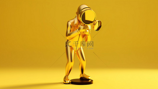 3D 渲染的吉祥物角色在金色背景上拿着放大镜，代表获奖者奖杯