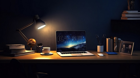黑暗办公室的 3D 渲染，夜间桌上配有模型空间笔记本电脑和办公用品
