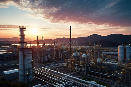 夕阳下炼油厂的照片