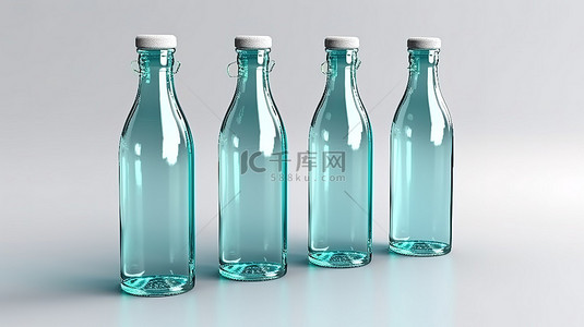 白色背景模型上矿泉水玻璃瓶的未标记 3D 渲染