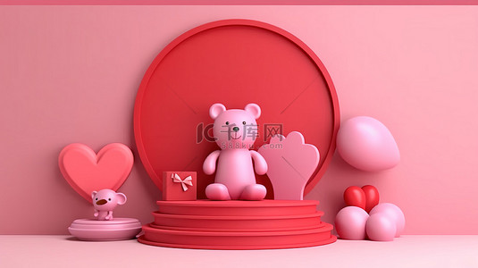 红色有爱背景图片_3D 渲染一个俏皮的红色卡通讲台，粉红色背景上有可爱的环境