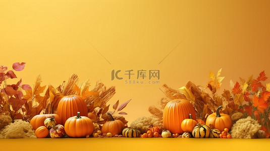 3D 渲染秋季和感恩节主题横幅，具有充足的复制空间