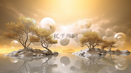 灰色云彩背景背景图片_金色的太阳和云彩在 3D 中国艺术景观中，浅灰色背景上有树叶和水