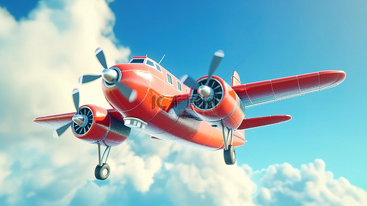 3D 渲染复古卡通飞机在蓝色多云的天空中翱翔，带有红色色调