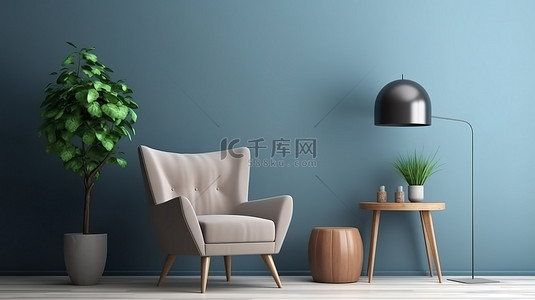 蓝色家居海报背景背景图片_3D 渲染布艺扶手椅和咖啡桌，旁边是蓝色墙壁客厅上的大花瓶，并附有模型海报