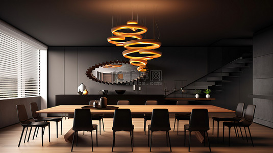 餐厅模型的 3D 渲染，配有奢华的螺旋吊灯和优雅的餐桌