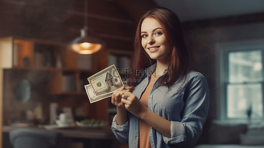 金融女性背景图片_微笑的女房地产经纪人持有现金和 3D 房屋模型
