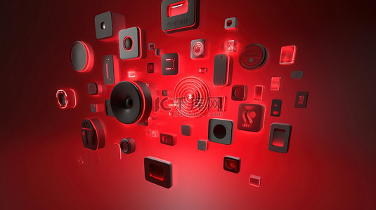 用于界面设计的多媒体和音乐图标的前视图红色 3D 渲染
