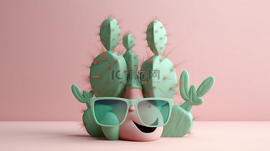 3D 插图中迷人的仙人掌，戴着眼镜，背景是柔和的背景