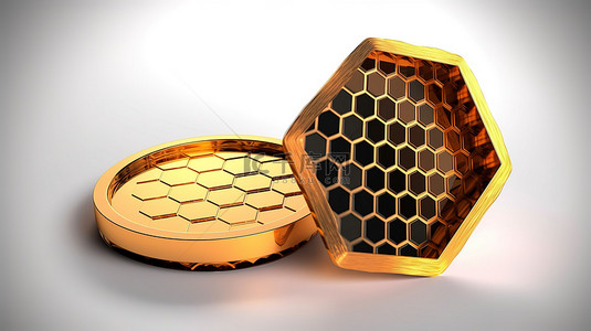 蜂蜜蜂窝背景图片_3d 奖牌硬币上浮雕的蜂窝图标