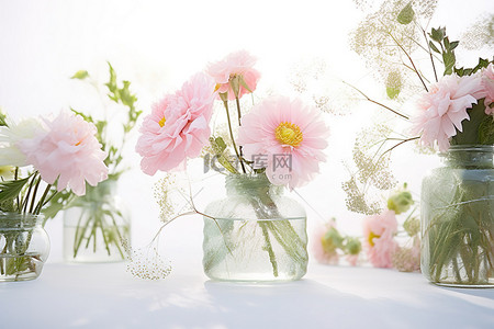 白色的花朵背景图片_白色背景玻璃瓶中的花朵