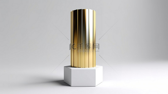 抽象讲台柱上的金色奖杯 3d 呈现白色背景