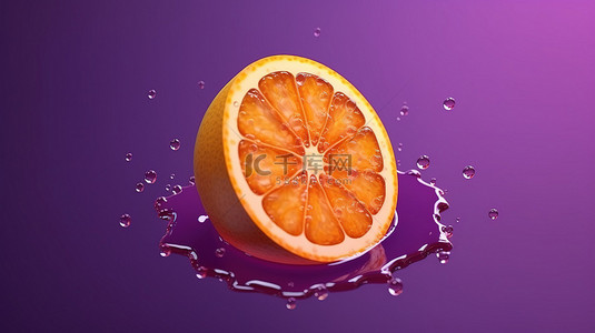 漂浮在充满活力的紫色背景中的多汁橙片 3D 渲染的夏季水果
