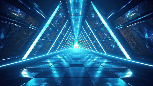 荧光蓝荧光背景图片_现代三角隧道中激光发光蓝光科幻宇宙飞船的未来派 3D 渲染