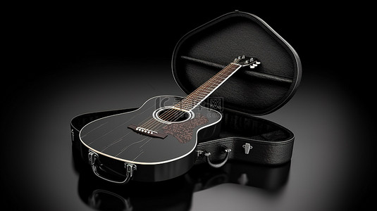 黑色原声吉他的 3D 渲染图像，放置在白色背景上，旁边是匹配的皮革硬盒