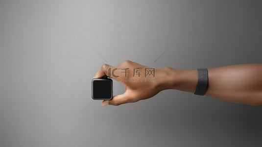 手表样机背景图片_戴着黑色表带智能手表的卡通手的 3D 插图，另一只手在灰色背景下触摸空的模型屏幕
