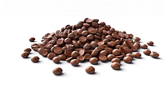 白色可可豆背景图片_白色背景 3D 渲染上一堆美味的巧克力从上面下降