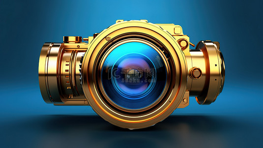 蓝色镜片背景图片_蓝色背景上带有金色瞄准镜镜头 3D 渲染的相机