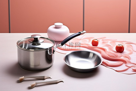 西红柿厨房背景图片_台面上有一个平底锅一些炊具和一个西红柿