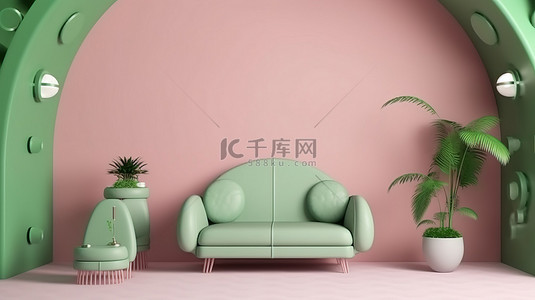 粉色扶手椅和绿色拱门，带有肥皂泡装饰的 3D 室内概念