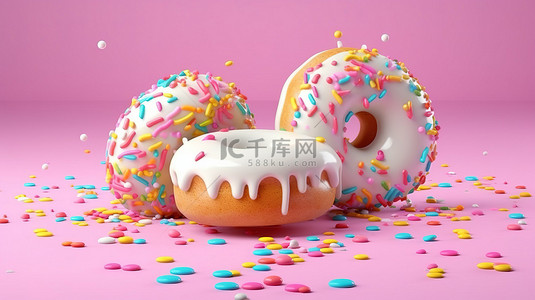 空中美食釉面白色甜甜圈，在 3D 渲染的柔和背景上撒上糖粉