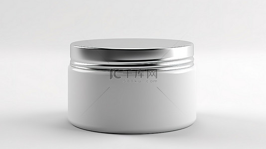 白色背景上塑料化妆品罐和锡罐的当代 3D 渲染模型