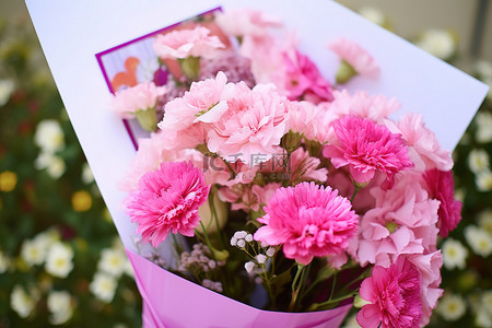 粉色教师节背景图片_一束粉红色的花束，附有感谢信
