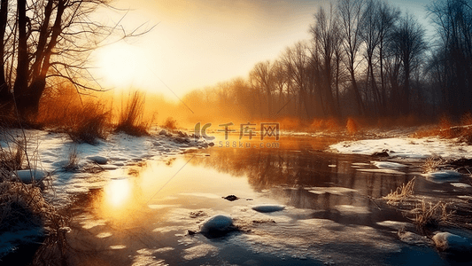 冬天河流落日背景
