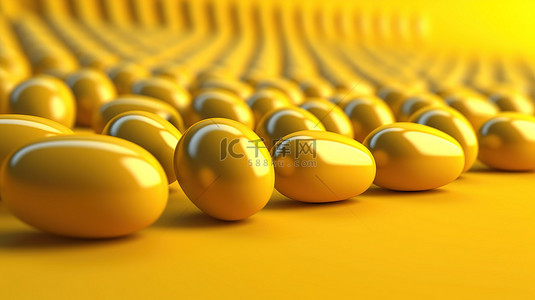 单色背景 3D 渲染图像上黄色胶囊的对称排列